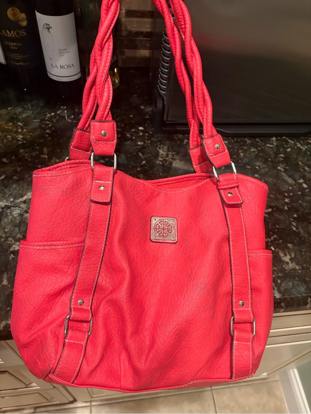 Red Women's Tote Bag with Braided Handles
